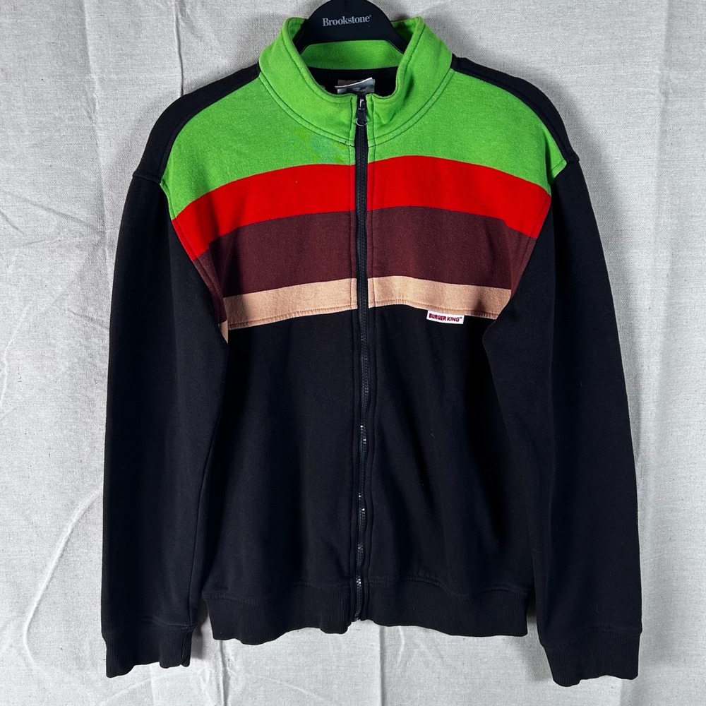 Vintage Burger King‎ Mens Zip Up Fleece Sweatshirt Colorblock Stripe Black Small
